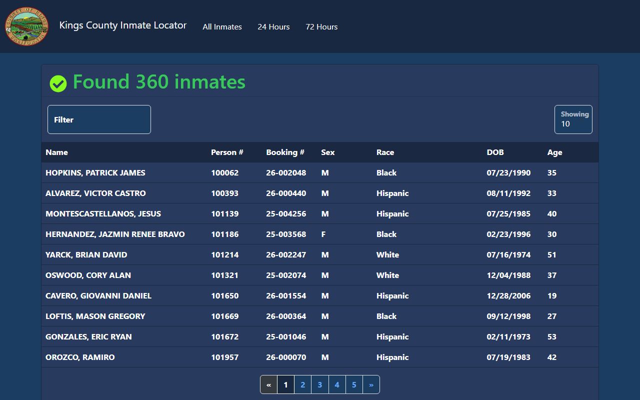 Kings County Jail inmate roster search results