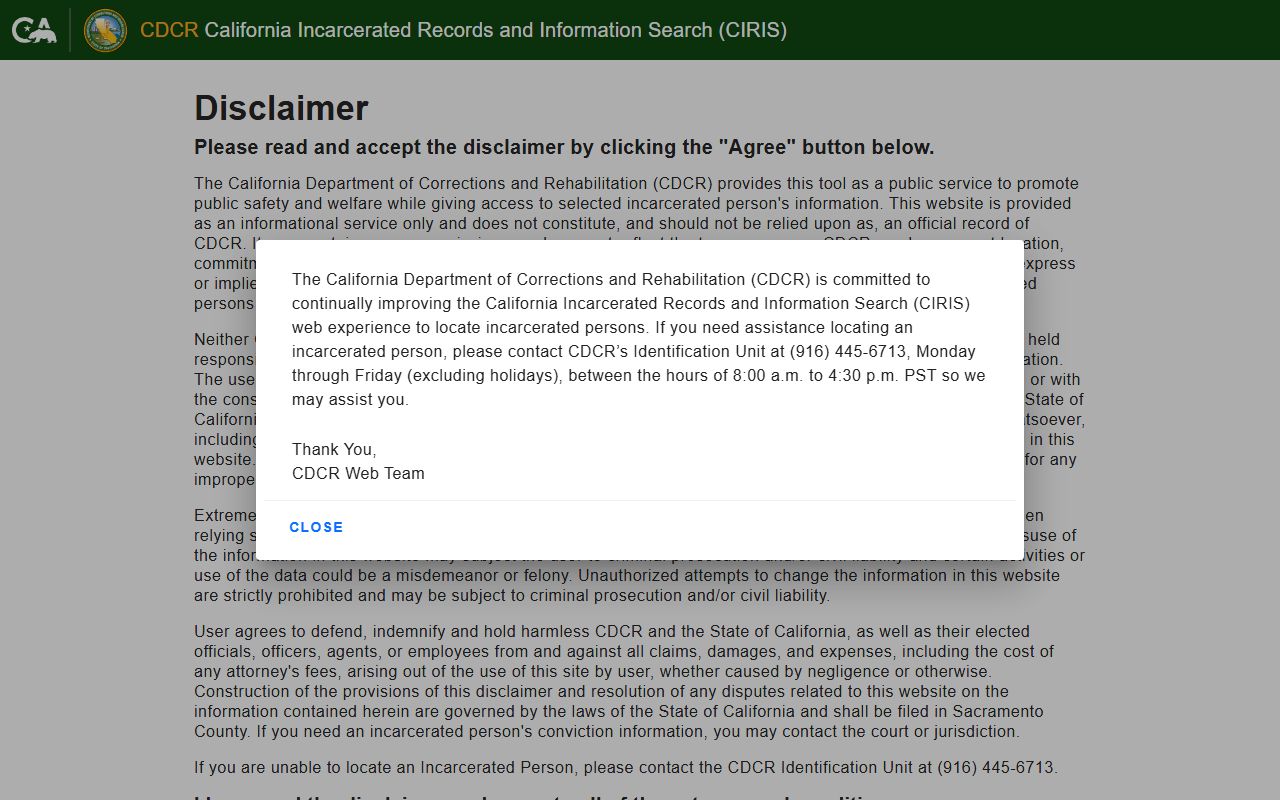 Kings County inmate lookup through CDCR CIRIS locator