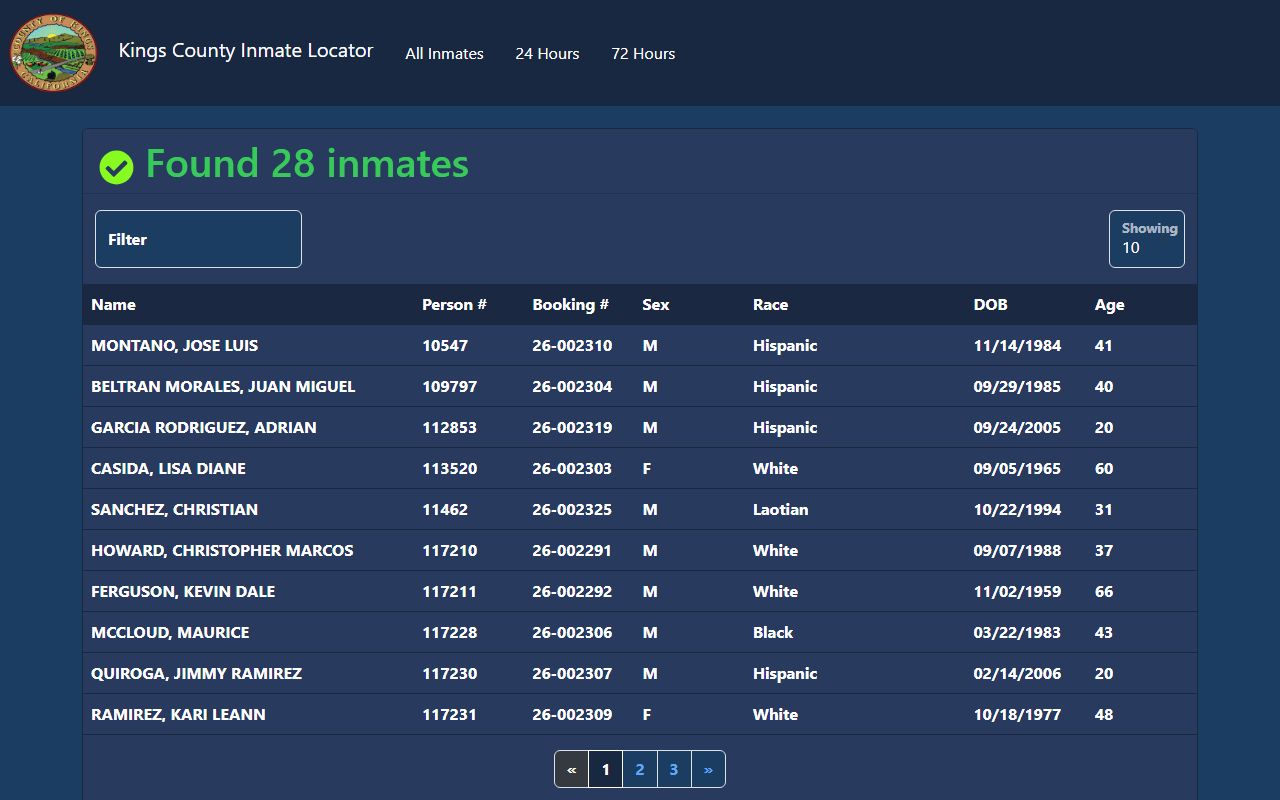 Kings County jail mugshots 72-hour booking roster without public photo column