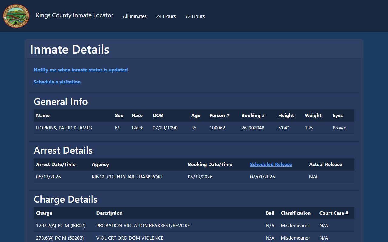Kings County inmate records sample inmate profile fields